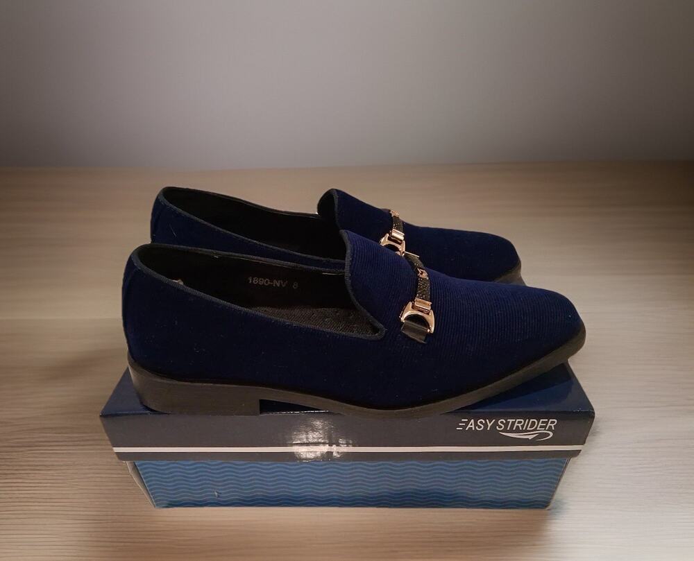Men's Navy Blue Velvet Loafers Slip-On Dress Shoes Gold Buckle